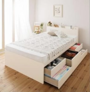 シングルベッド 大容量収納ベッド 薄型スタンダードポケットコイルマットレス付き 日本製_棚・コンセント付き大容量すのこチェストベッド