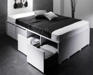 セミダブルベッド 白 大容量収納ベッド 薄型プレミアムポケットコイルマットレス付き 衣装ケースも入る大容量デザイン収納ベッド( 幅 :セ