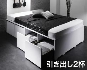 セミダブルベッド 白 大容量収納ベッド 薄型プレミアムポケットコイルマットレス付き 衣装ケースも入る大容量デザイン収納ベッド( 幅 :セ