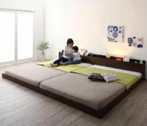連結ベッド 国産 日本製 カバーポケットコイルマットレス付き セット 棚・コンセント・ライト付き大型 大きい モダンフロア連結ベッド( 