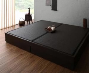 キングサイズベッド 黒 茶 畳ベッド ベッドフレームのみ 単品 大型 大きい ベッドサイズの引出整理 収納付き 選べる畳の和モダンデザイン