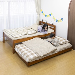 天然木 親子ベッド 〔 SDサイズ × Sサイズ ミドルブラウン 〕 木製 すのこ コンセント付き 棚付き ペアベッド 組立品 茶 送料無料