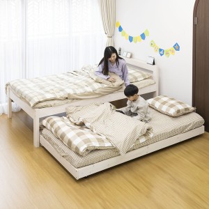 天然木 親子ベッド 〔 SDサイズ × Sサイズ ホワイト 〕 木製 すのこ コンセント付き 棚付き ペアベッド 組立品 白 送料無料