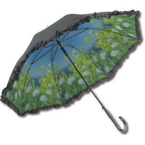 ユーパワー アーチストブルーム フリルジャンプ傘/晴雨兼用 ダンフイ・ナイ「ゴールデンアワー」 青 芸術的な咲き誇り、優雅なフリルのジ