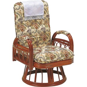 座椅子 (イス チェア) 約幅65×奥行65〜88×高さ73〜86×座面高37cm リクライニング式 360度 回転 木製 籐 サイドポケット 肘付き リビン
