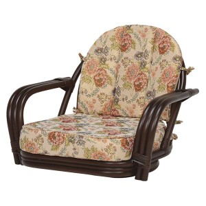 座椅子 (イス チェア) 約幅64×奥行55×高さ51×座面高16cm 花柄 ダークブラウン 回転式 肘付き 籐椅子 ラタンチェア (イス 椅子) リビン