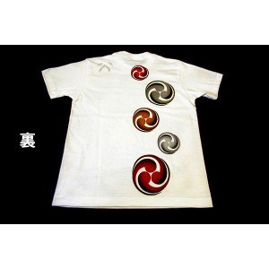 戦国武将Tシャツ 【小早川家 右三つ巴】 Sサイズ 半袖 綿100% ホワイト(白) 〔Uネック おもしろ〕 白 送料無料