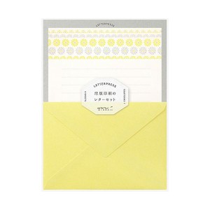 ミドリ レターセット 活版 花ライン柄 黄 86477006 1セット(5パック) 温もり溢れる活版印刷の手紙セット 花模様が彩る黄色いレターセット