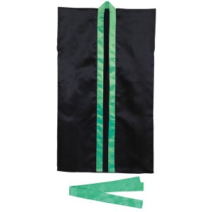 （まとめ）サテンロングハッピ黒（緑襟）S（ハチマキ付）【×10セット】 黒いサテンロングハッピ（緑の襟）Sサイズ（ハチマキ付き）を10