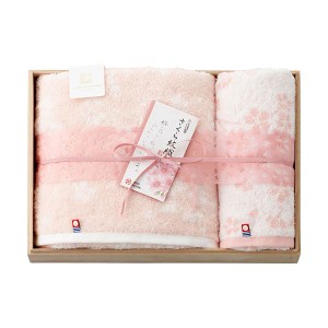 今治謹製 さくら紋織 バスタオル&フェイスタオル(木箱入) B8141526 桜の舞い散る美しい織り柄のバスタオル＆フェイスタオルセット、今治