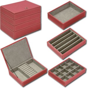 4段ジュエリー 宝石 ボックス ダークピンク 深紅の魅力が溢れる、4層構造のレザージュエリーボックス 送料無料