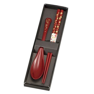 箸・スプーン 桜 朱 16629 桜色に染まる箸とスプーン、華やかな朱色で心を彩る16629