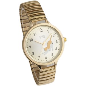 [千鶴] 腕時計 3針 猫デザイン 伸縮ジャバラベルト CDW001-004 ゴールド 煌めく黄金の腕時計、愛らしい猫デザインと伸縮ジャバラベルトが