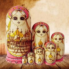 【美品】人形　オブジェ　置物　インテリア　工芸品　美術品　A1116 マトリョーシカ 人形 オブジェ 7個組18センチ 工芸品 木製品 洋風