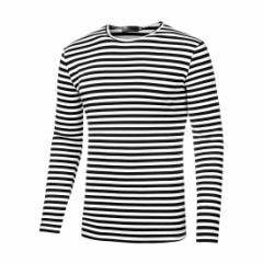 Allegra K メンズ ボーダー tシャツ カットソー 長袖 ストライプ クルーネック コットン カジュアル 白黒 38