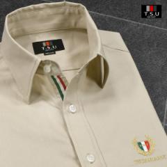 シャツ 長袖 レギュラーカラー 無地 メンズ イタリアンカラーテープ 紋章 ワンポイント(ベージュ) 925809