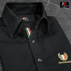 シャツ 長袖 レギュラーカラー 無地 メンズ イタリアンカラーテープ 紋章 ワンポイント(ブラック黒) 925809