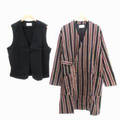 【中古】未使用品 ジョンブル タグ付き ロングジャケット ベスト 2ピース モロッコシリーズ リネン混 ストライプ L