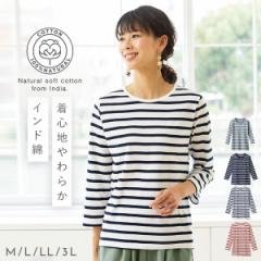 tシャツ インド綿 レディース 七分袖 綿100% ボーダー 春 夏 クルーネック きれいめ カジュアル インド綿七分袖Ｔシャツ ボーダー エコテックス認証 敏感肌 乾燥肌 肌に優しい