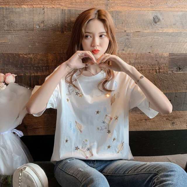 送料無料 tシャツ 半袖 綿 レディース トップス カットソー プルオーバー 丸首 コットンtシャツ スパンコール 刺 - 宇宙柄 おしゃれの通販は