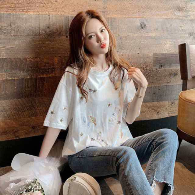 送料無料 tシャツ 半袖 綿 レディース トップス カットソー プルオーバー 丸首 コットンtシャツ スパンコール 刺 - 宇宙柄 おしゃれの通販は