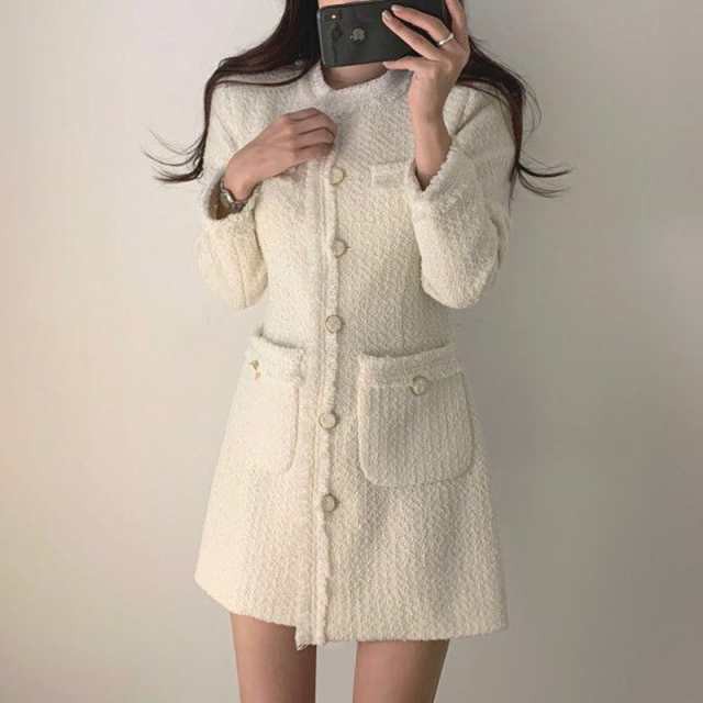 ワンピース レディース ニットワンピース ミニワンピース ミニワンピ ミニ ミニ丈 ショート ショート丈 袖あり 長袖 Uネック ラウンドネック クルーネック スリム タイト 細身 ストレート Aライン もこもこ モコモコ ふわふわ ポケット 前開き ボタン 胸ポケット かわいいの通販は