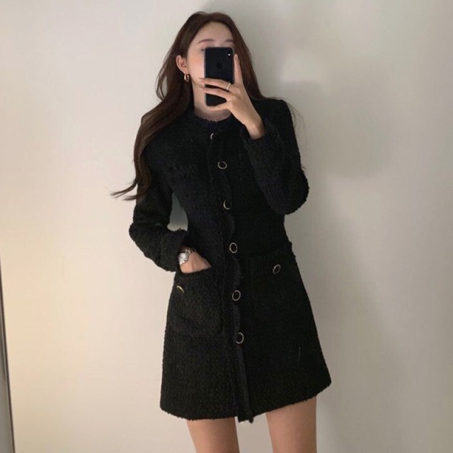 ワンピース レディース ニットワンピース ミニワンピース ミニワンピ ミニ ミニ丈 ショート ショート丈 袖あり 長袖 Uネック ラウンドネック クルーネック スリム タイト 細身 ストレート Aライン もこもこ モコモコ ふわふわ ポケット 前開き ボタン 胸ポケット かわいいの通販は
