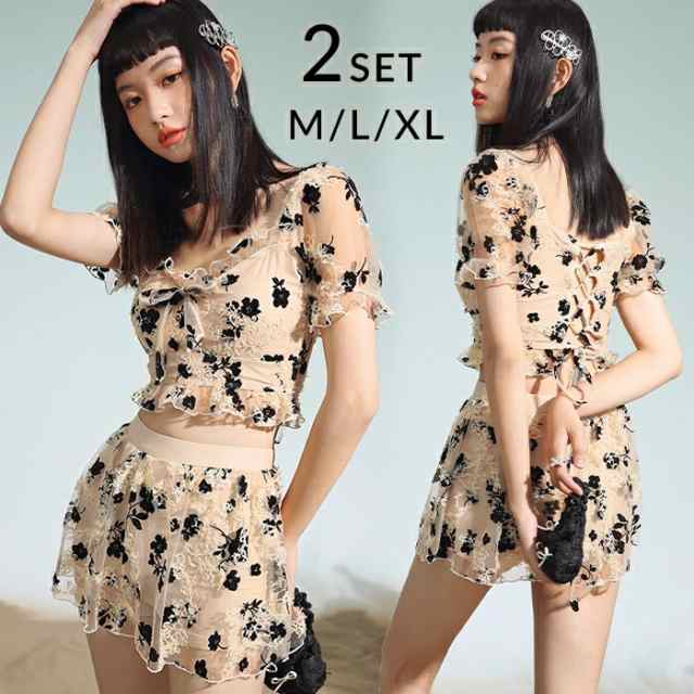 ワンピース 水着 水着 レディース 体型カバー セパレート 上下セット ビキニ 袖あり チュール フリル フラワー 透け 袖あり パフスリーブ ショートパンツ スカート ワイヤーなし パッドあり おしゃれ 可愛い 20代 30代 洋服 みたいな 新作水着