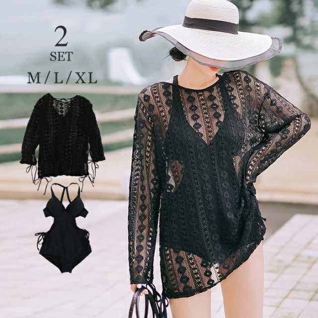 ワンピース 水着 水着 レディース 体型カバー セクシー水着 レースチュニック カバーアップ セット セクシーモノキニ ブラック 黒 パッド付き ワイヤーあり バスト 盛れる 大人 女性 スイムウェア リゾート水着 肩ひも 調節 20代 30代 40代 ママ ミセス セクシー水着 ワンピース 水着 水着 レディース 体型カバー セクシー水着 レース