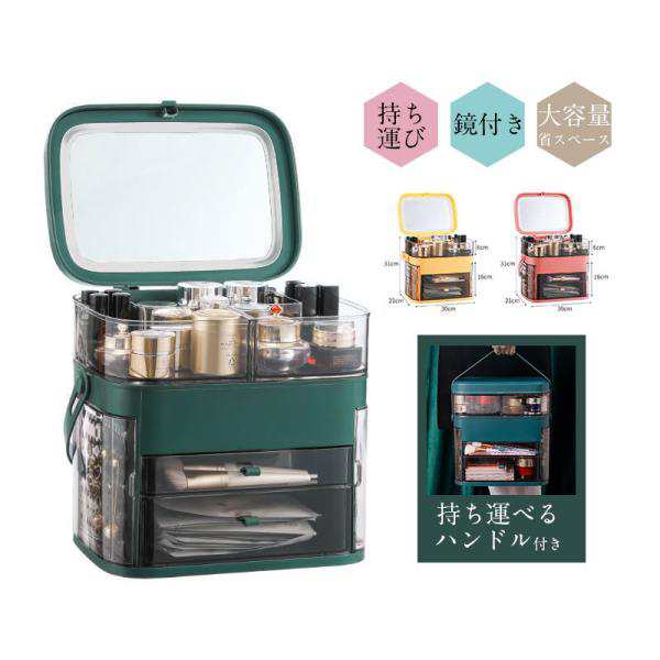 メイクボックス 持ち運び 鏡付き アクセサリーケース 化粧品 収納ボックス オシャレ 大容量 収納 コスメ 防塵 浴室 収納 寝室 浴室 洗面所