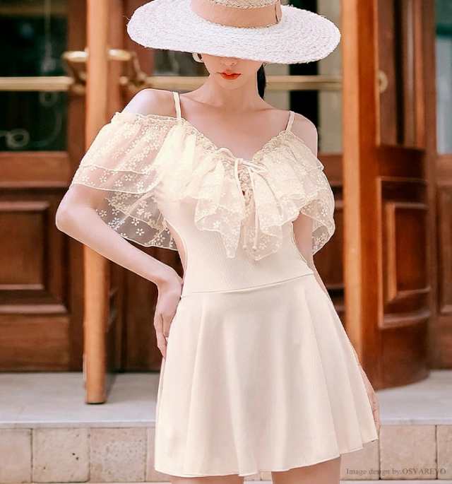 【ポイント5倍！】水着 レディース 体型カバー ワンピース フリル 花柄 フェミニン オフショルフリル オールインワン 20代 30代 ママ 可愛い フリルワンピース水着 オトナ女子 新作水着 スイムウェア 大人 上品 ショーツ一体型ワンんピース