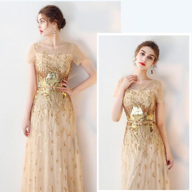 ウェディングドレス 二次会 ドレス パーティードレス ロングドレス 花嫁ドレス 半袖 チュール スパンコール 　大きいサイズ 結婚式 演奏会 発表会