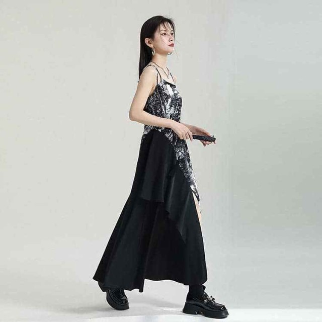 送料無料 レディース 優美ワンピース 黒白 ダンス衣装 ロング ワンピース 大人 ストリート 舞台衣装 夜店 DS 発表会 演出服 DJ パーティー ハロウの通販は