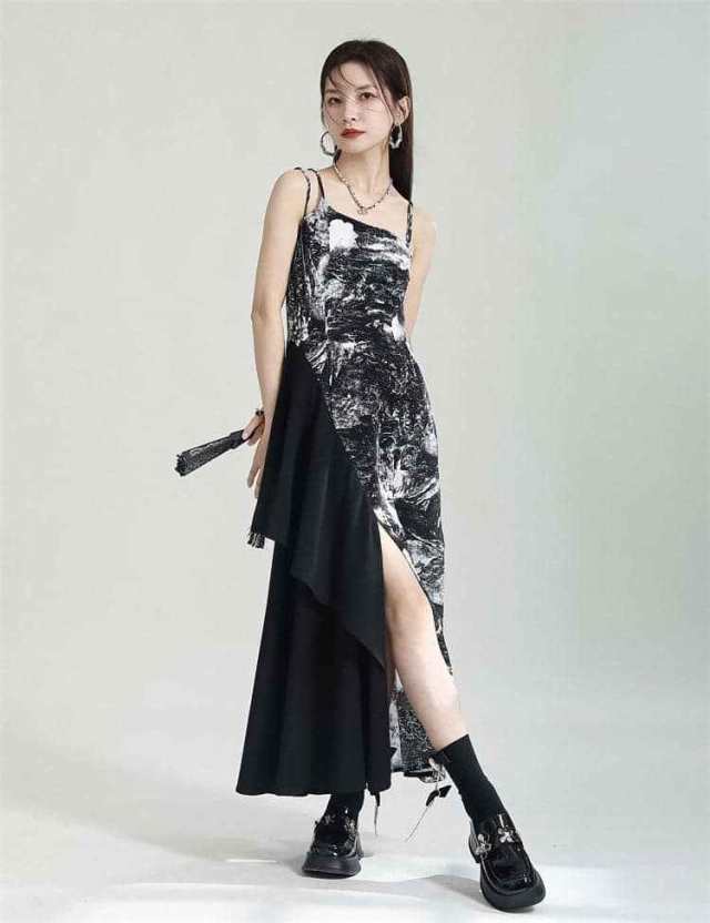 送料無料 レディース 優美ワンピース 黒白 ダンス衣装 ロング ワンピース 大人 ストリート 舞台衣装 夜店 DS 発表会 演出服 DJ パーティー ハロウの通販は
