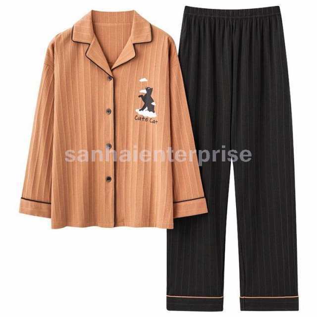 ペアパジャマレディースメンズ春秋冬用カップルペアルックネコ猫柄前開きパジャマペアコットン長袖大きいサイズナイト部屋着ゆったり綿の通販は