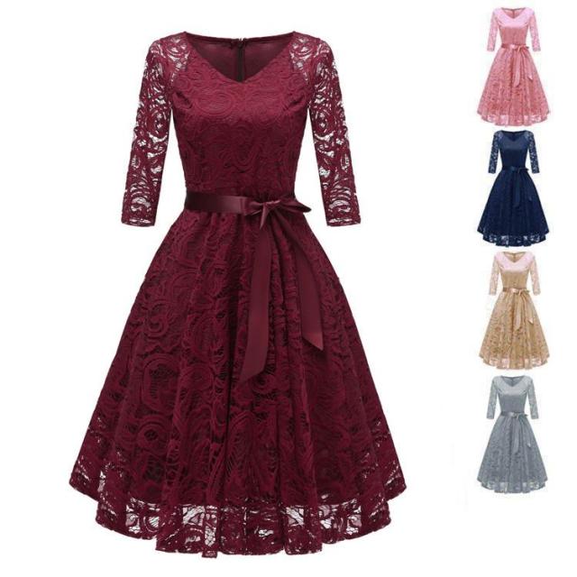 パーティードレス ミモレ丈 結婚式 二次会 膝丈 ワンピース ロングドレス 袖あり レース レディース aライン 大きいサイズ フォーマル お呼ばれの通販は 5,560円