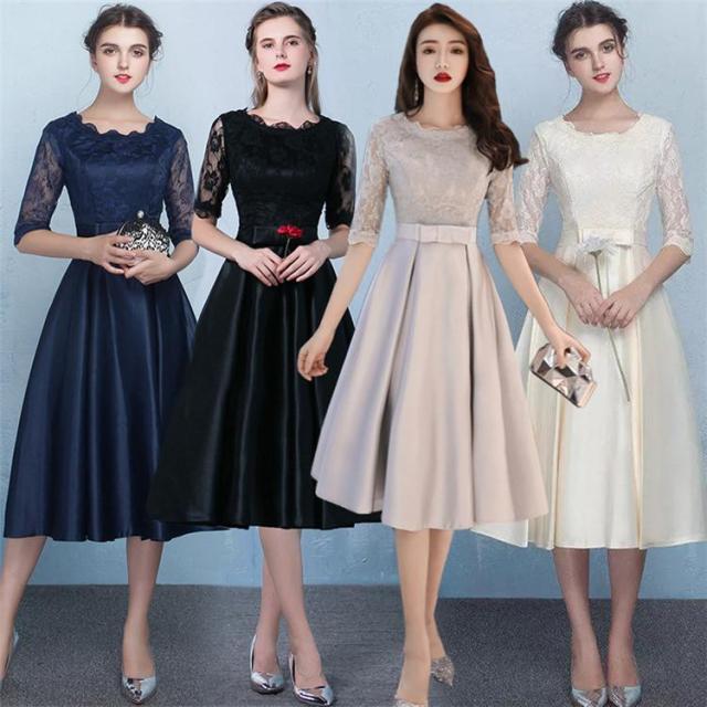 レディースドレス パーティードレス 大きいサイズ 結婚式 袖あり シフォン レース ワンピース パーティー 半袖 膝丈 フォーマル フリル袖 花柄の通販は