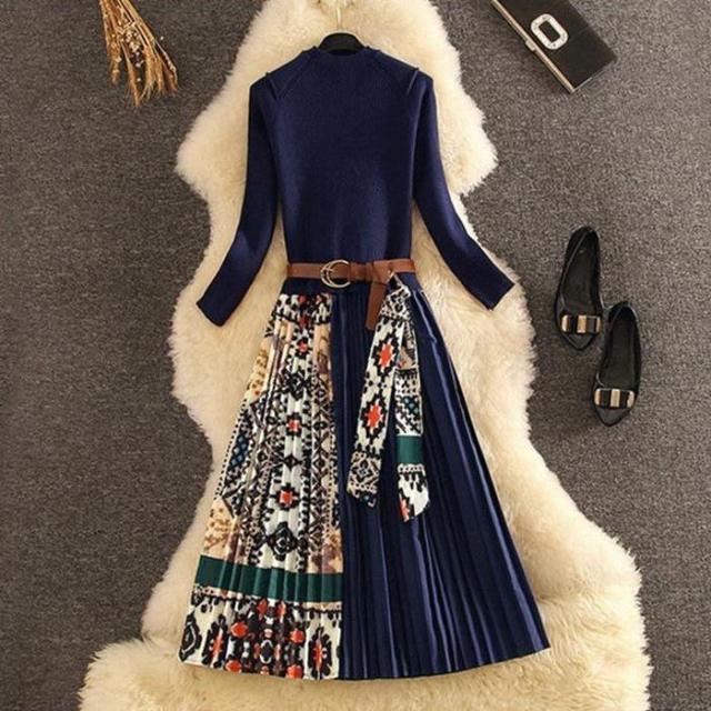 ワンピース ニットワンピース 配色 長袖 厚手 ロング丈 秋 冬 お呼ばれ きれいめ 通勤レディース ロングワンピース ロング 切り替え ベルト付き