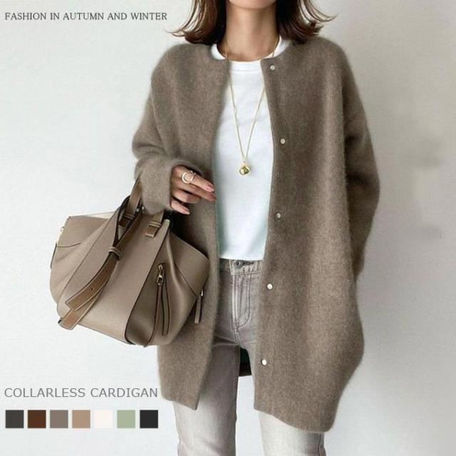 【ポイント5倍！】カーディガン レディース 前開きカーディガン 秋冬アウター ロングコート アウター カーディガン 無地 羽織 長袖 秋冬 ノーカラー ゆったり お尻隠れ