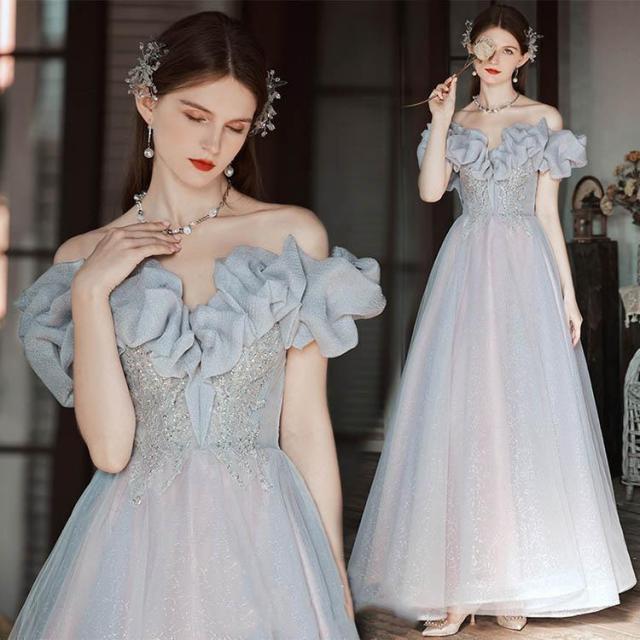 イブニングドレス オフショルダー 発表会ドレス ロングドレス パーティードレス グレー Aラインドレス 結婚式ドレス 二次会ドレス お呼ばれドレス 編み上げ