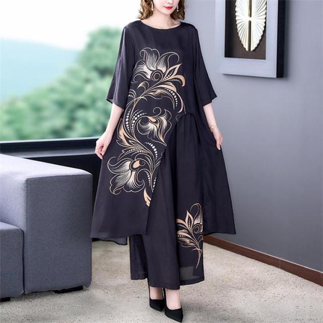 パーティー 結婚式 服装 パンツドレス アンサンブル セットアップ レディース 大きいサイズ きれいめ 半袖 ロング丈 モノトーン 柄 花柄 ミセス