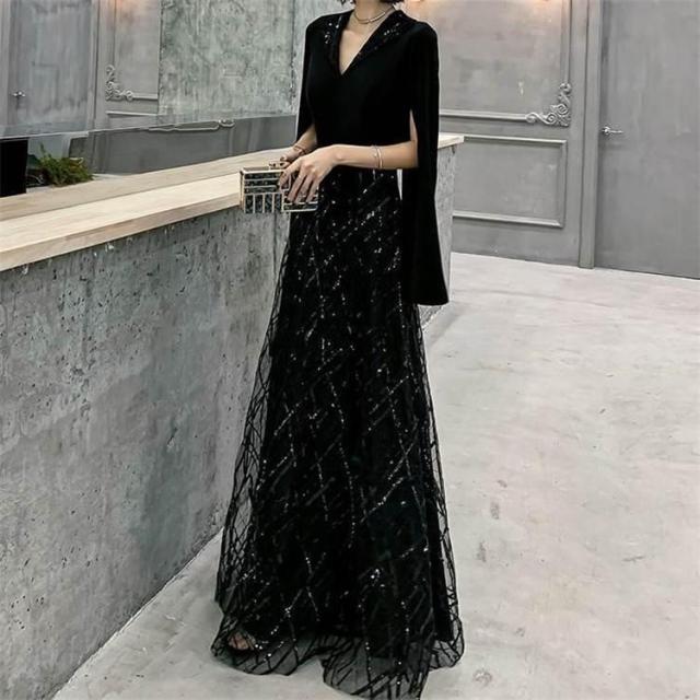 おしゃれ ロング ドレス パーティードレス 個性的 黒 袖あり カッコイイ vネック 結婚式 二次会 お呼ばれ フォーマル 演奏会 発表会大人 可愛い