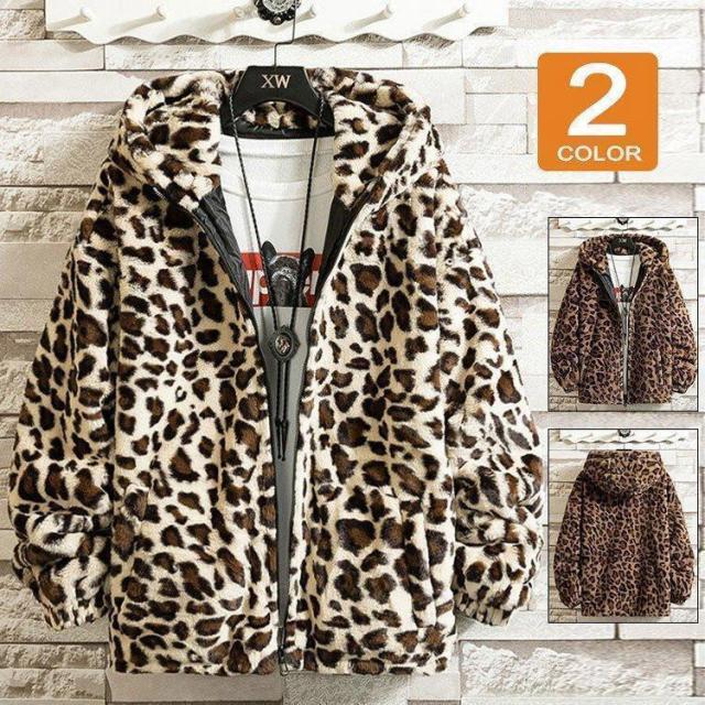 ブルゾン メンズ ボアジャケット ジャケット ボアコート レオパード柄 ヒョウ柄 フード付き 暖か 防寒服 秋冬の通販は