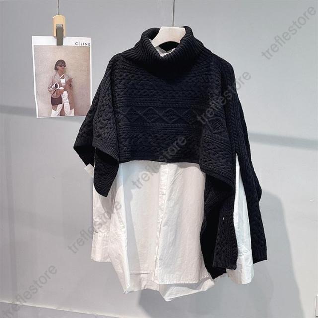 黒 フリース ポンチョ ケーブル編み 黒 フリース ポンチョ ケーブル編み