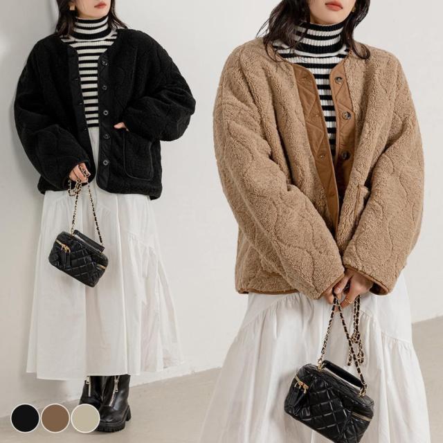 ブルゾン レディース 秋冬 きれいめ おしゃれ アウター 長袖 ジャケット ボア キルティングジャケット ミドル丈 ゆったりの通販は 5,930円