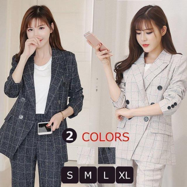 パンツスーツ おしゃれ レディース 夏 秋 長袖 オフィス フォーマル リクルート チェック柄 ストレートパンツ 細身 着痩せ 卒業式 カジュアル お出かけ 披露宴