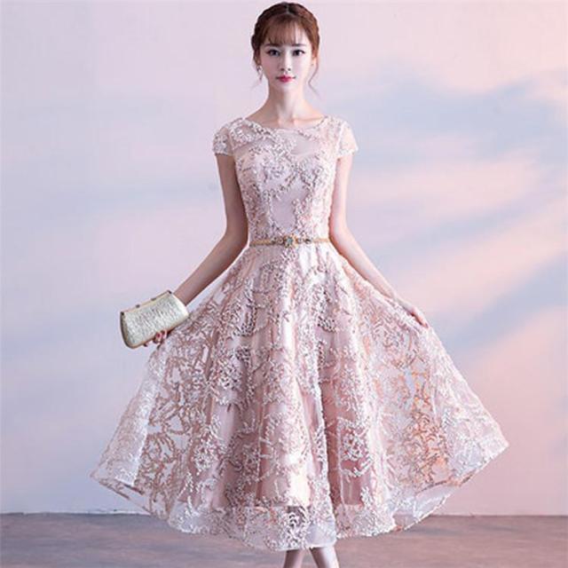 ドレス エレガント パーティードレス Aライン ミモレ丈ドレス 袖あり ミディアム丈ドレス 成人式 結婚式 二次会 披露宴 ナイトドレス