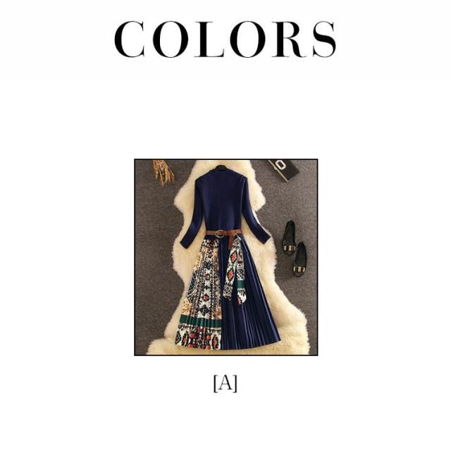 【ポイント10倍！】ワンピース ニットワンピース 配色 長袖 厚手 ロング丈 秋 冬 お呼ばれ きれいめ 通勤レディース ロングワンピース ロング 切り替え ベルト付き