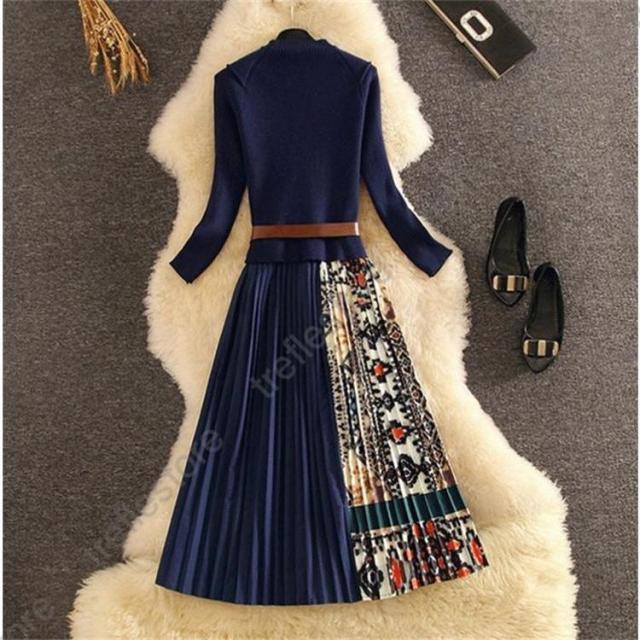 【ポイント10倍！】ワンピース ニットワンピース 配色 長袖 厚手 ロング丈 秋 冬 お呼ばれ きれいめ 通勤レディース ロングワンピース ロング 切り替え ベルト付き