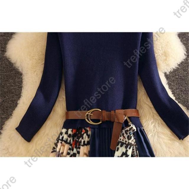 【ポイント10倍！】ワンピース ニットワンピース 配色 長袖 厚手 ロング丈 秋 冬 お呼ばれ きれいめ 通勤レディース ロングワンピース ロング 切り替え ベルト付き